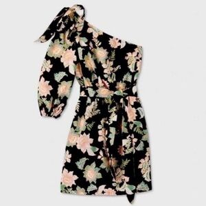 Who What Wear Black Floral One-Shoulder Dress